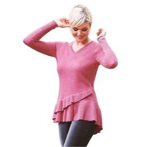 QVC Isaac Mizrahi live! 2 ply Cashmere pink v neck ruffle peplum sweater